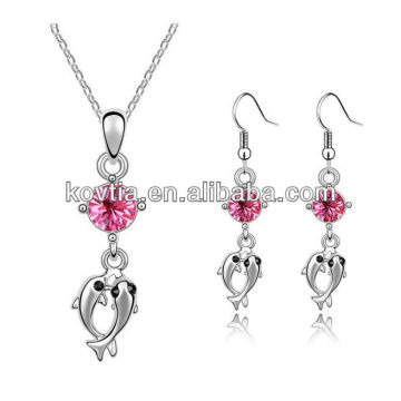 Rhodium plated alloy jewelry necklace and hook earrings set fish pendant crystal jewelry set